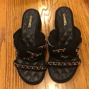 Chanel Blk Suede Chain Quilted Sandals sz36